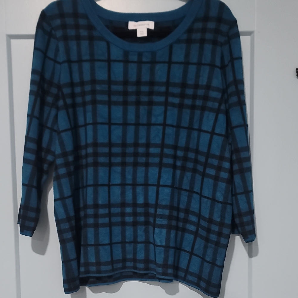 Liz Claiborne Teal and Black Plaid Sweater